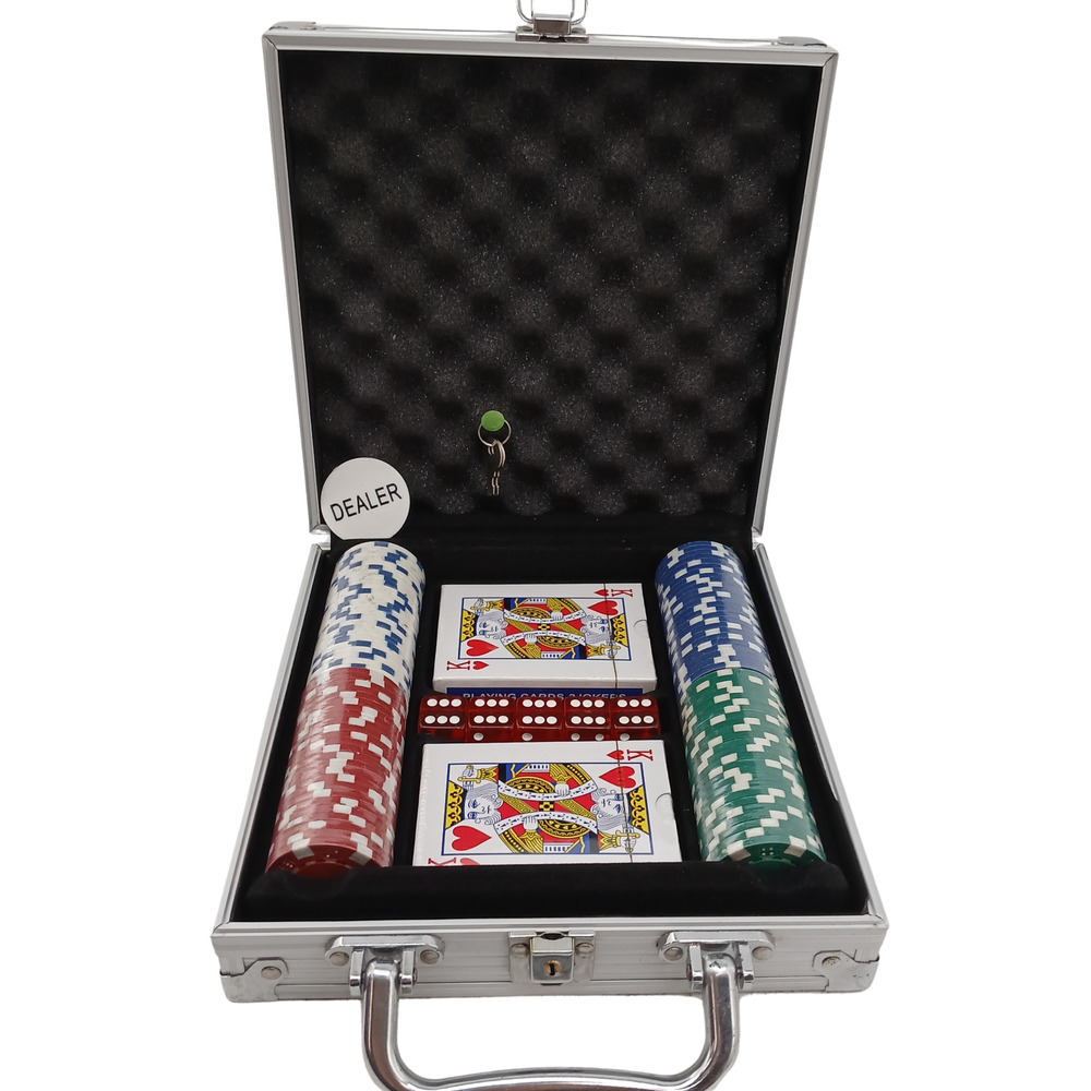 100 PC Poker Chip Set in Aluminum Case – Cards, Dice, Chips, Dealer Button & Key